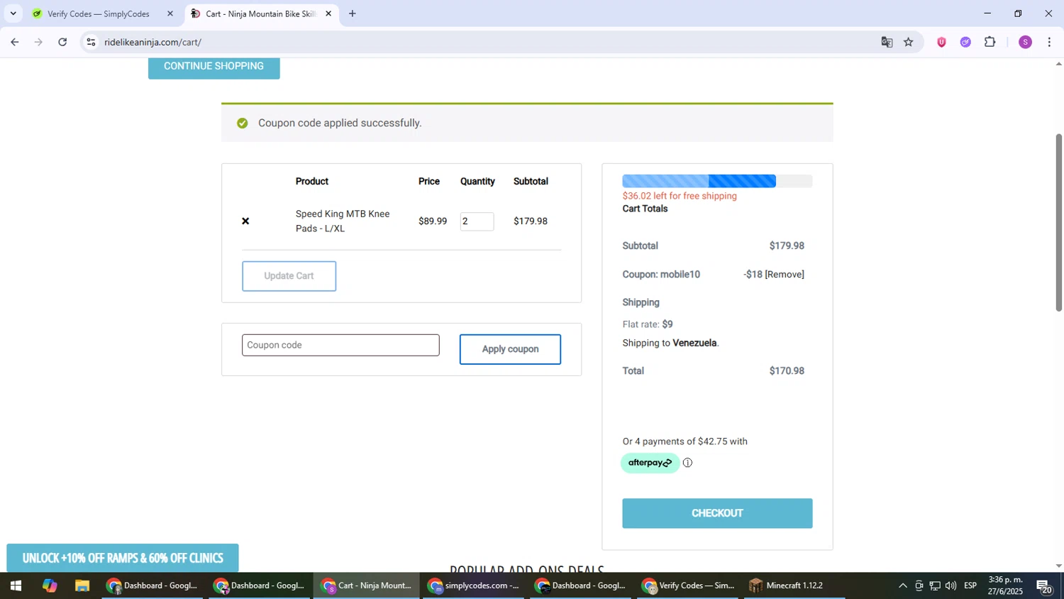 Ninja Mountain Bike Performance promo code screenshot showing code MOBILE10 applied at Ninja Mountain Bike Performance checkout page. Uploaded by SimplyCodes community member Son_Goku on Jun 27, 2025