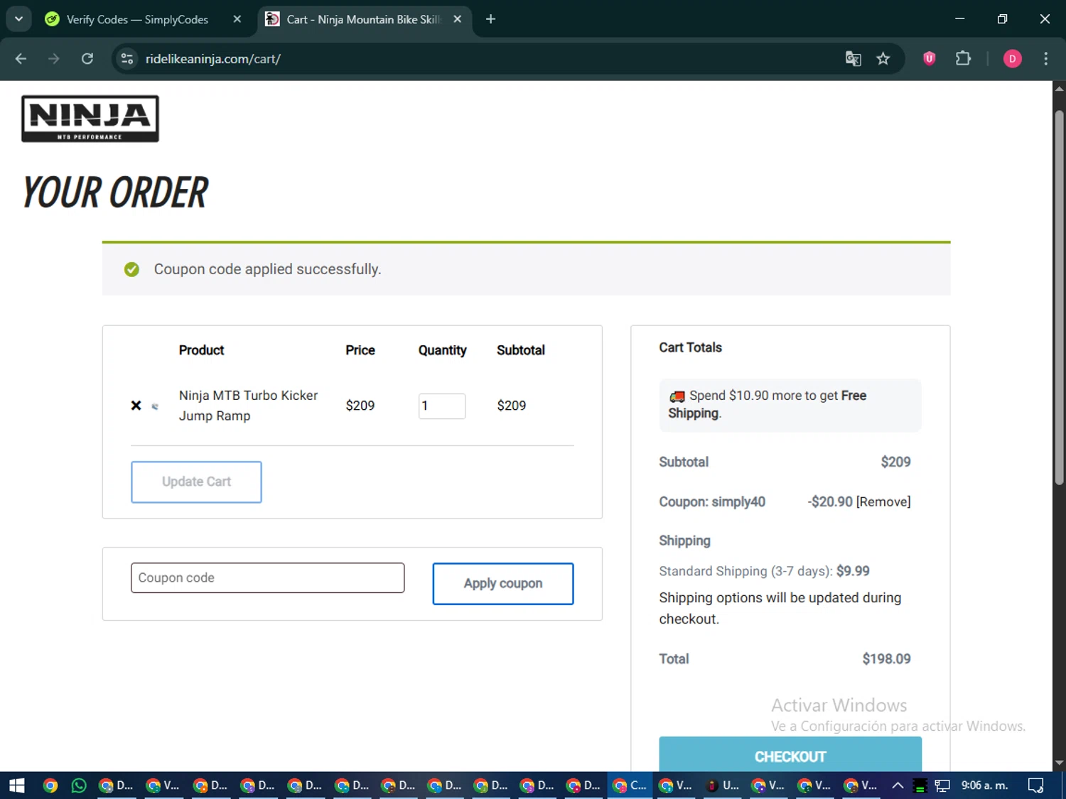 Ninja Mountain Bike Performance promo code screenshot showing code SIMPLY40 applied at Ninja Mountain Bike Performance checkout page. Uploaded by SimplyCodes community member MoneySeeker7165 on Dec 11, 2025
