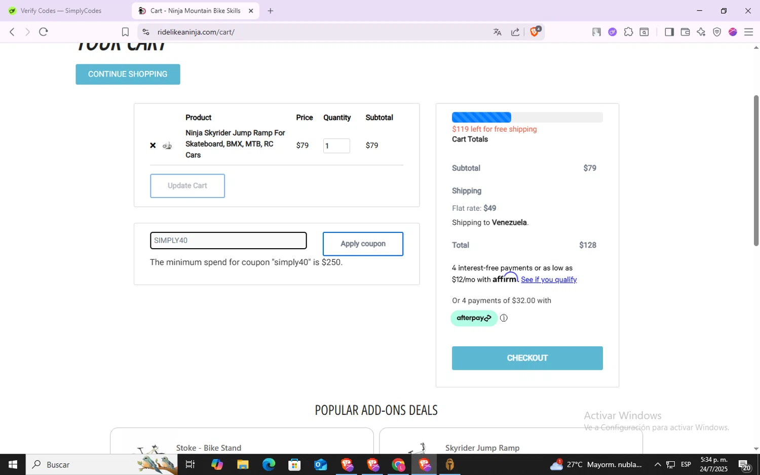 Ninja Mountain Bike Performance promo code screenshot showing code SIMPLY40 applied at Ninja Mountain Bike Performance checkout page. Uploaded by SimplyCodes community member VoucherSpotter6910 on Jul 24, 2025