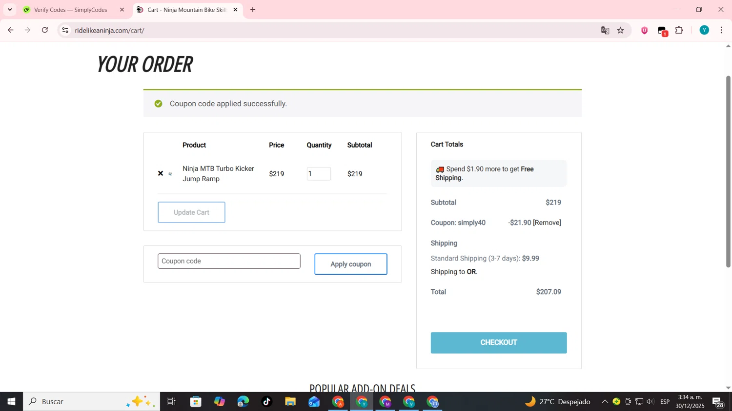 Ninja Mountain Bike Performance promo code screenshot showing code SIMPLY40 applied at Ninja Mountain Bike Performance checkout page. Uploaded by SimplyCodes community member codygakpo on Dec 30, 2025