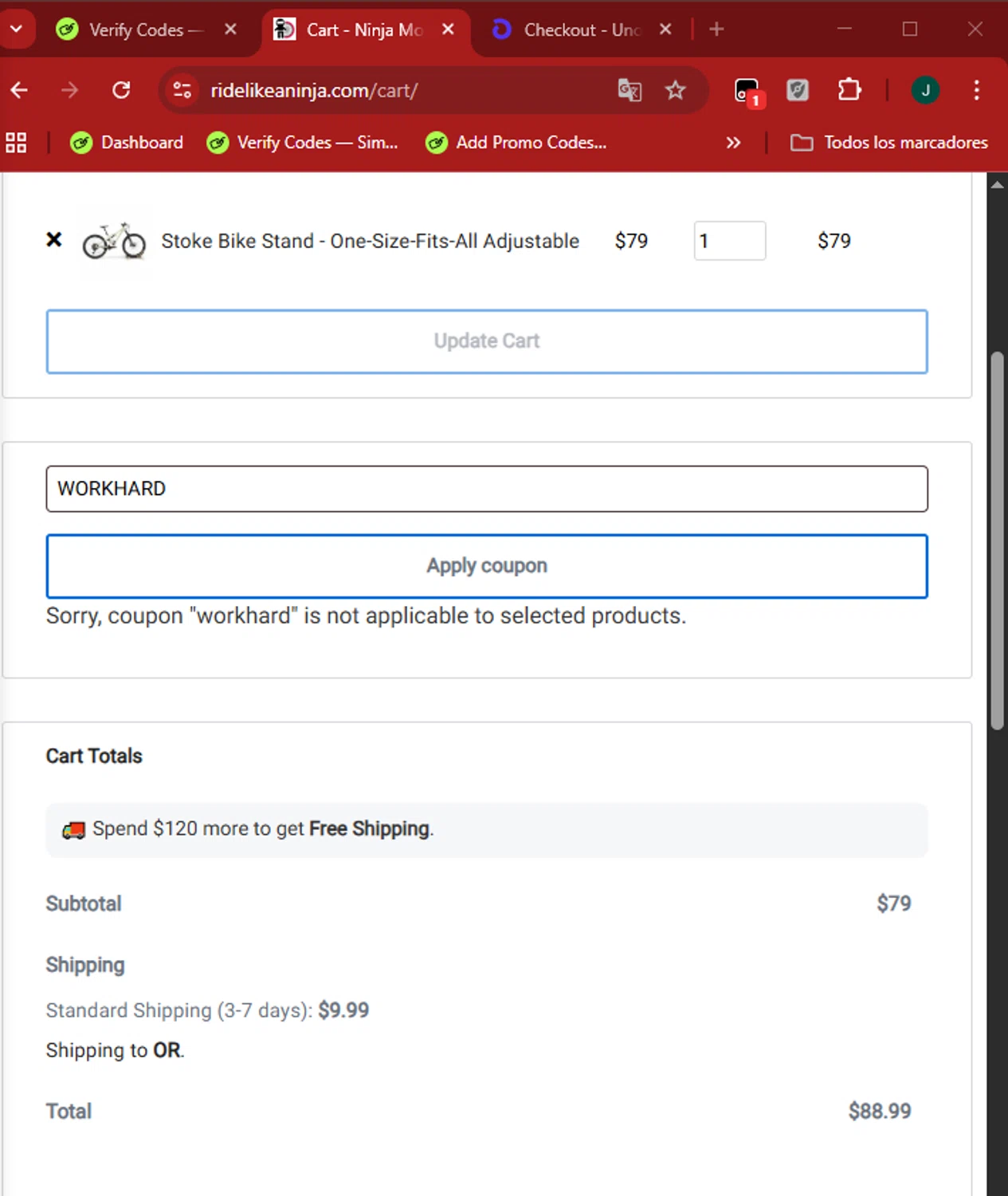 Ninja Mountain Bike Performance promo code screenshot showing code WORKHARD applied at Ninja Mountain Bike Performance checkout page. Uploaded by SimplyCodes community member SilverAdmiral2559 on Nov 7, 2025