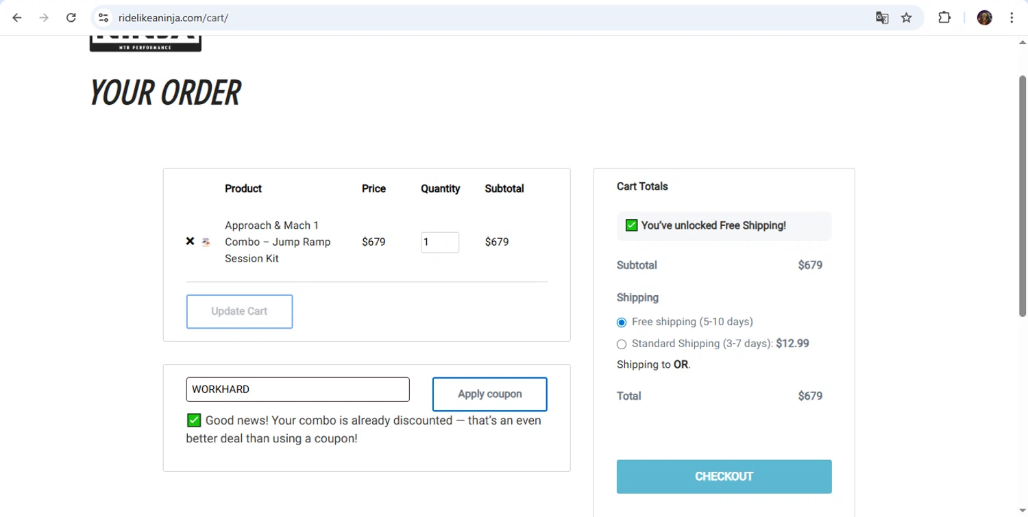 Ninja Mountain Bike Performance promo code screenshot showing code WORKHARD applied at Ninja Mountain Bike Performance checkout page. Uploaded by SimplyCodes community member anthonyramirez1 on Dec 6, 2025