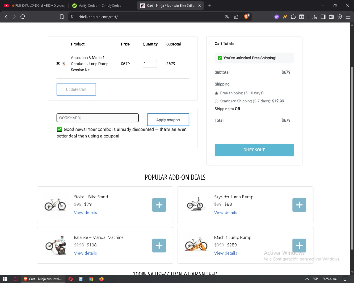 Ninja Mountain Bike Performance promo code screenshot showing code WORKHARD applied at Ninja Mountain Bike Performance checkout page. Uploaded by SimplyCodes community member mixelis on Dec 6, 2025