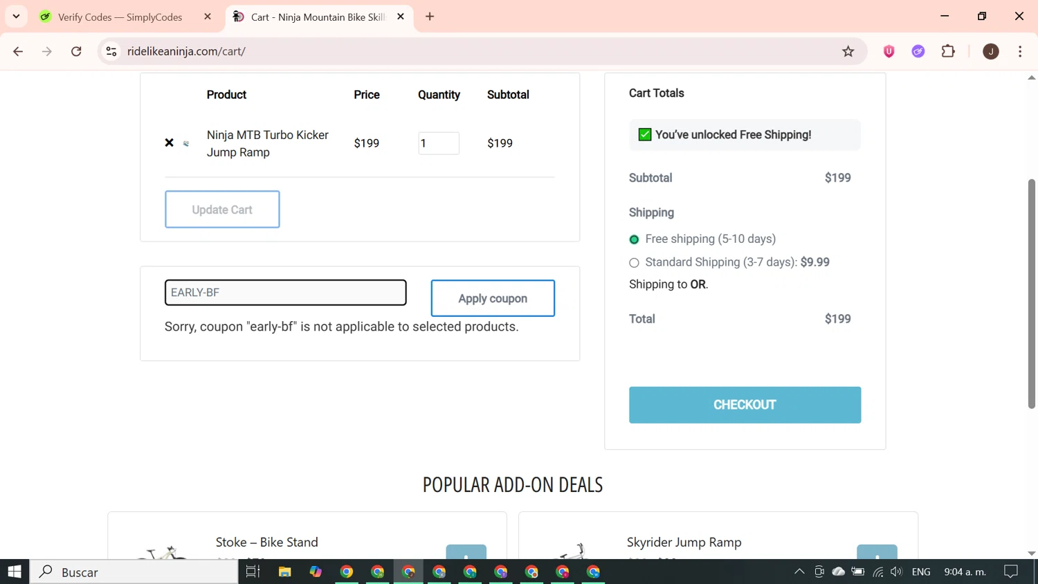Ninja Mountain Bike Performance promo code screenshot showing code EARLY-BF applied at Ninja Mountain Bike Performance checkout page. Uploaded by SimplyCodes community member PrimeGenius2371 on Nov 7, 2025