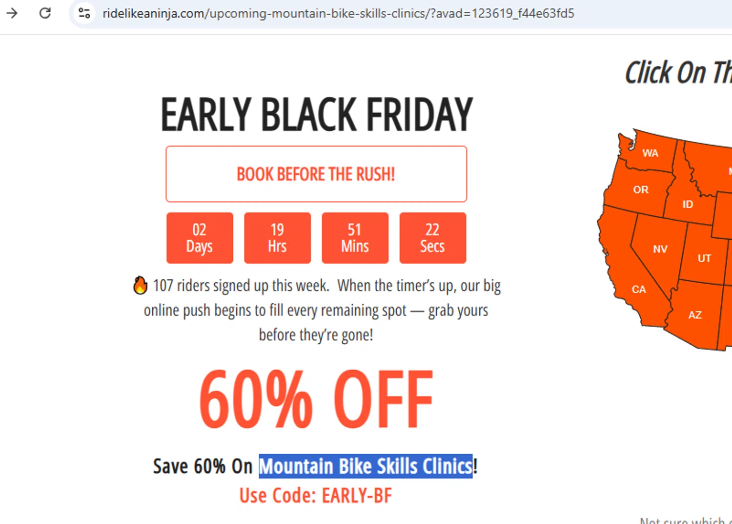 Ninja Mountain Bike Performance promo code screenshot showing code EARLY-BF applied at Ninja Mountain Bike Performance checkout page. Uploaded by SimplyCodes community member javierprez on Nov 7, 2025