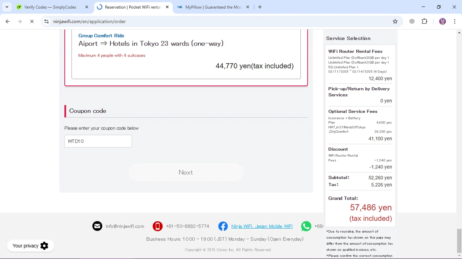 NINJA WiFi coupon code screenshot showing code WTD10 applied at NINJA WiFi checkout page. Uploaded by SimplyCodes community member LassoReyes on Mar 1, 2025