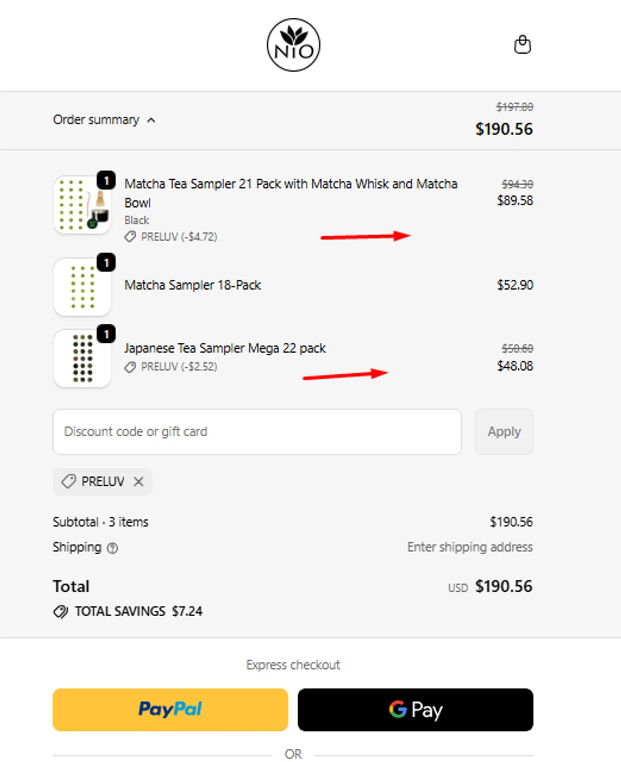 Nio Teas discount code screenshot showing code PRELUV applied at Nio Teas checkout page. Uploaded by SimplyCodes community member cristobalpescueso on Oct 18, 2025