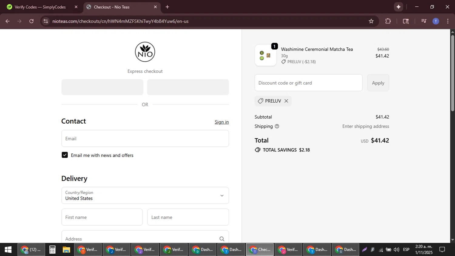 Nio Teas discount code screenshot showing code PRELUV applied at Nio Teas checkout page. Uploaded by SimplyCodes community member snidertom8 on Nov 1, 2025