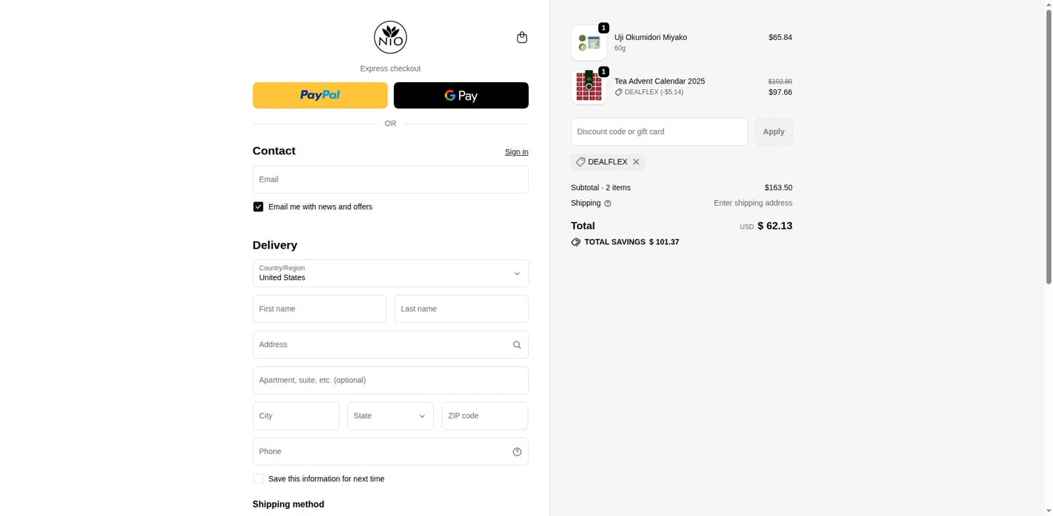 Nio Teas discount code screenshot showing code DEALFLEX applied at Nio Teas checkout page. Uploaded by SimplyCodes community member jesus4 on Nov 21, 2025
