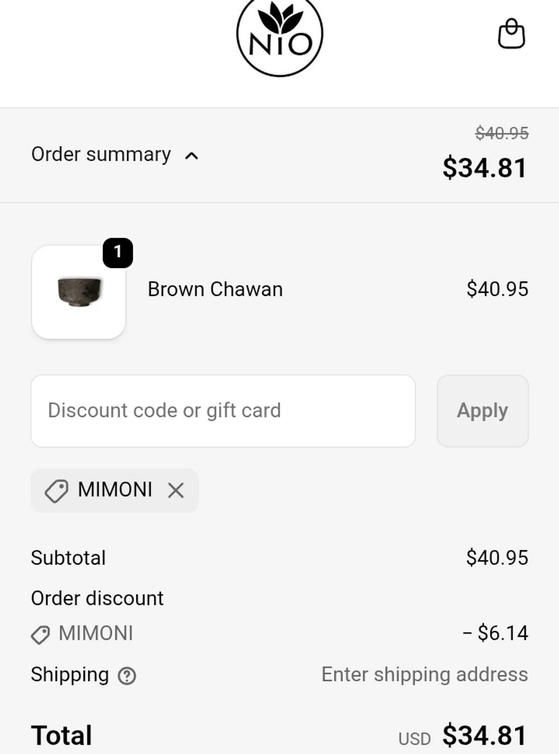 Nio Teas discount code screenshot showing code MIMONI applied at Nio Teas checkout page. Uploaded by SimplyCodes community member ValiantCurator3344 on Nov 21, 2025