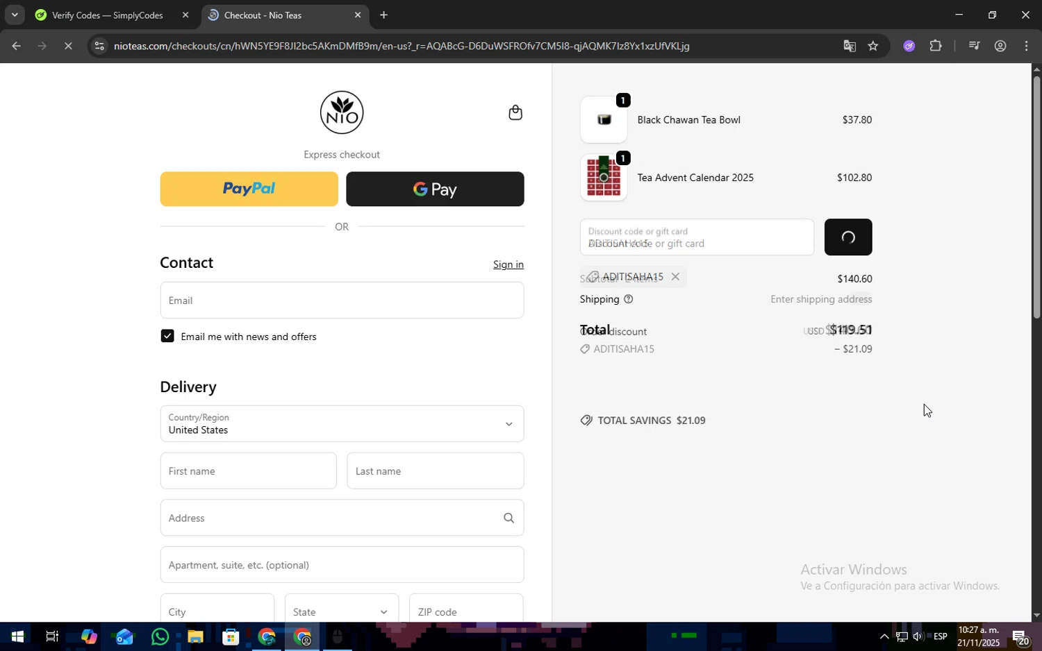 Nio Teas discount code screenshot showing code ADITISAHA15 applied at Nio Teas checkout page. Uploaded by SimplyCodes community member Freeman on Nov 21, 2025