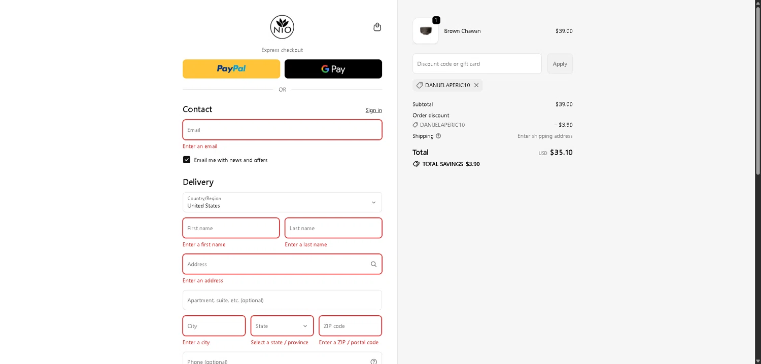 Nio Teas checkout page showing Nio Teas discount code box | Screenshot taken by SimplyCodes community member on Feb 5, 2026