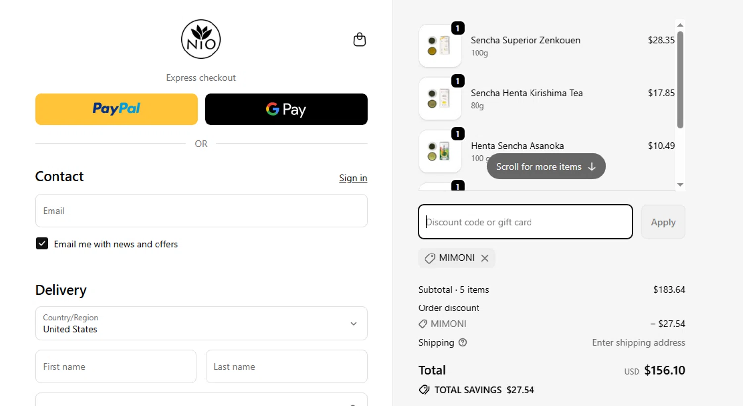 Nio Teas discount code screenshot showing code MIMONI applied at Nio Teas checkout page. Uploaded by SimplyCodes community member SwiftShopper8601 on Nov 21, 2025