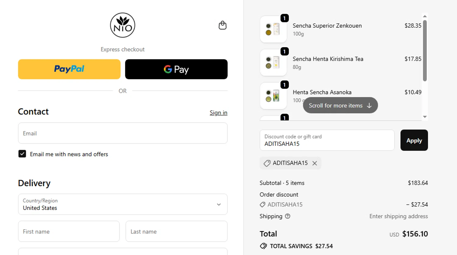 Nio Teas discount code screenshot showing code ADITISAHA15 applied at Nio Teas checkout page. Uploaded by SimplyCodes community member SwiftShopper8601 on Nov 21, 2025