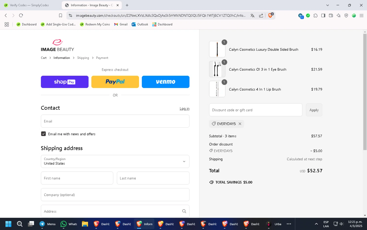 Nioxin coupon code screenshot showing code EVERYDAY5 applied at Nioxin checkout page. Uploaded by SimplyCodes community member PennyMonarch4540 on Mar 4, 2025