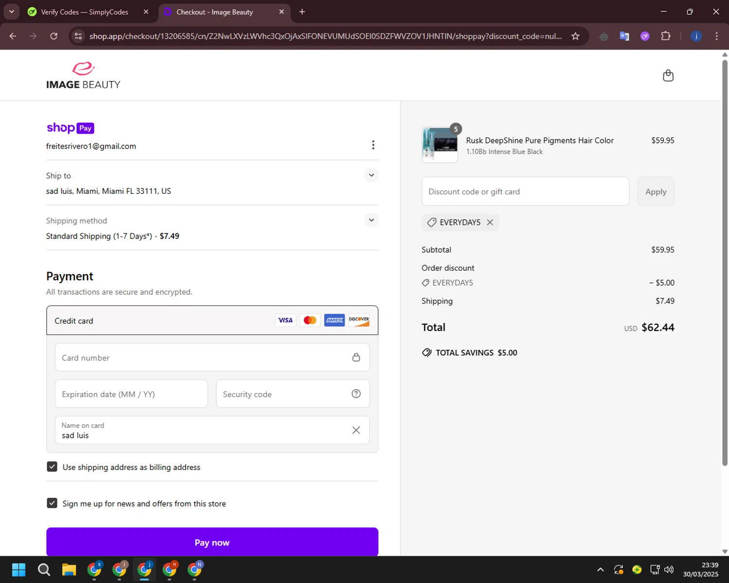 Nioxin coupon code screenshot showing code EVERYDAY5 applied at Nioxin checkout page. Uploaded by SimplyCodes community member CashLegend3767 on Mar 31, 2025