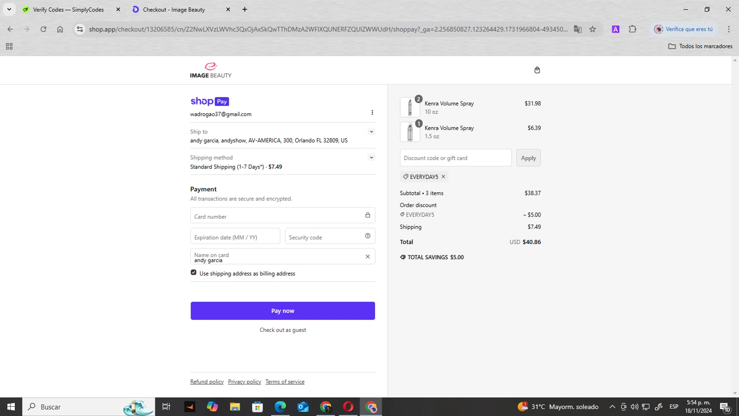 Nioxin checkout page showing Nioxin coupon code box | Screenshot taken by SimplyCodes community member on Nov 18, 2024