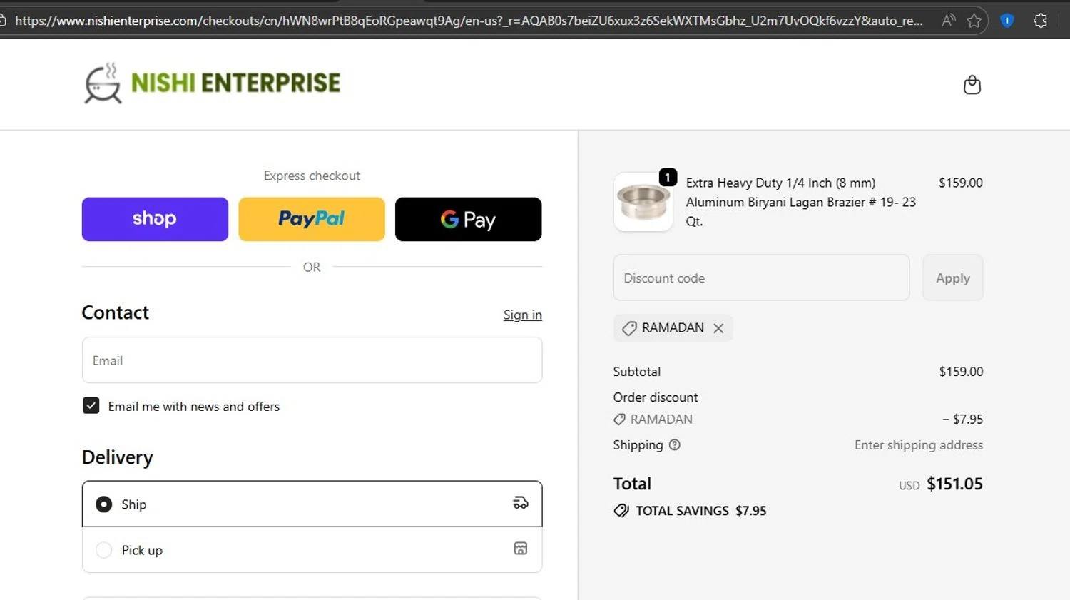 Nishi Enterprise promo code screenshot showing code RAMADAN applied at Nishi Enterprise checkout page. Uploaded by SimplyCodes community member HonestVzla on Feb 19, 2026