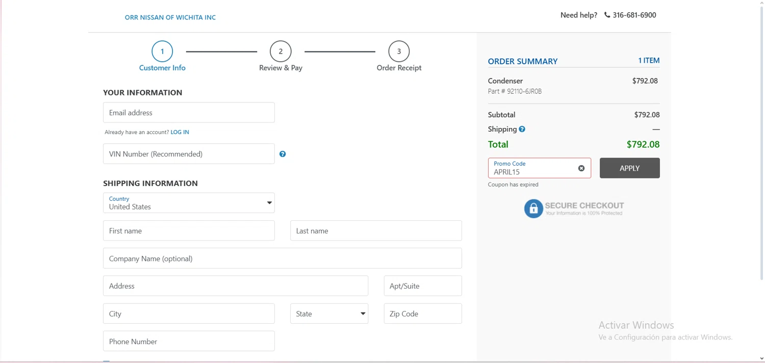 Nissan promo code screenshot showing code APRIL15 applied at Nissan checkout page. Uploaded by SimplyCodes community member comepingas on Apr 17, 2025