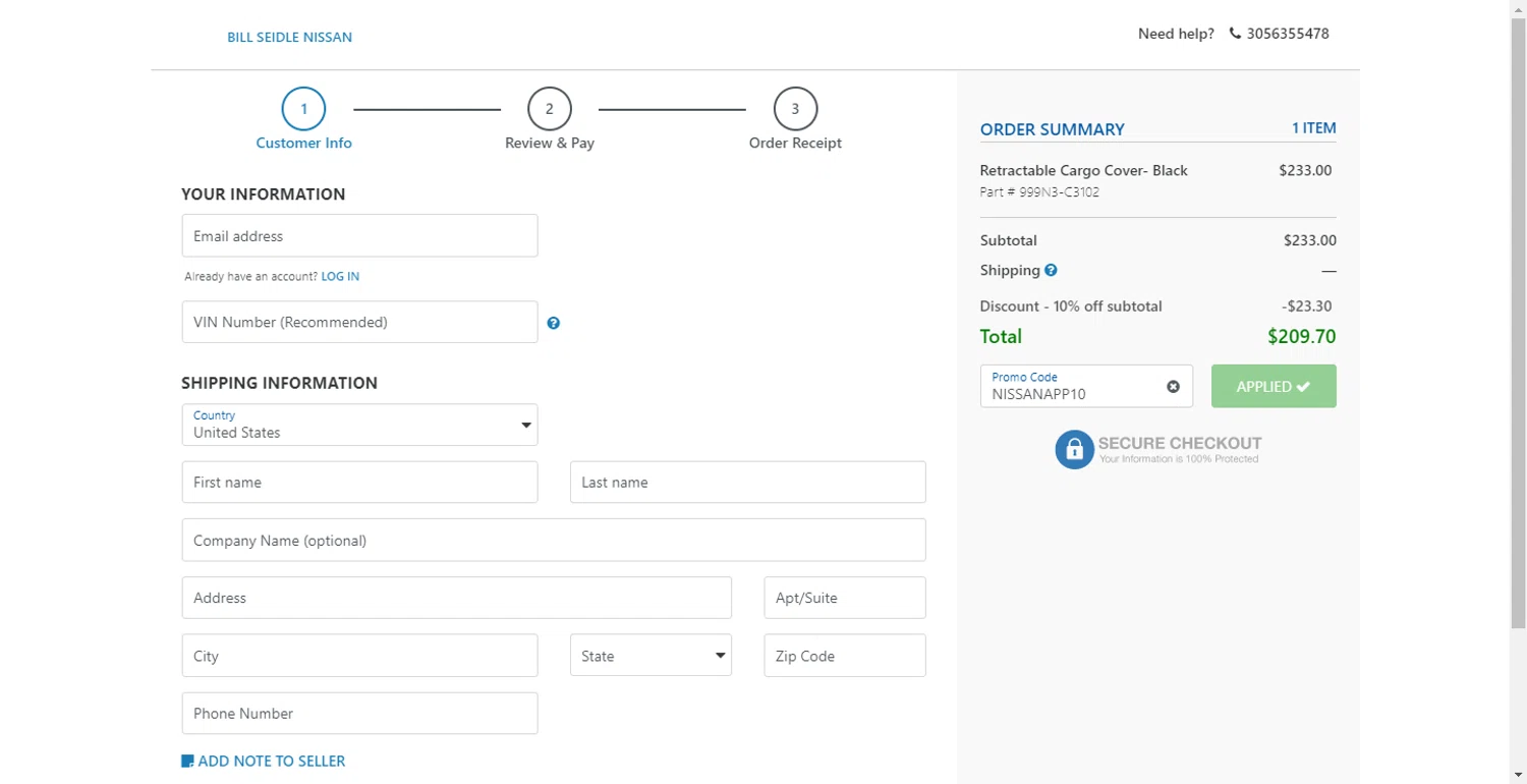 Nissan checkout page showing Nissan promo code box | Screenshot taken by SimplyCodes community member on Nov 15, 2025