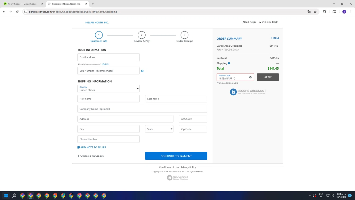 Nissan promo code screenshot showing code NISSANAPP10 applied at Nissan checkout page. Uploaded by SimplyCodes community member simplycodesssss on Jan 16, 2026