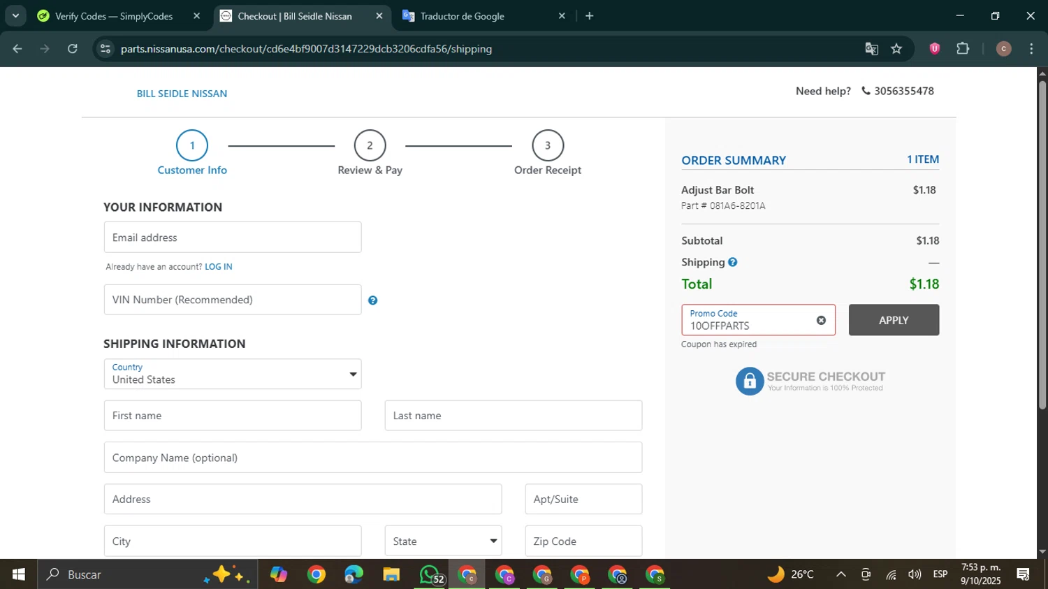 Nissan promo code screenshot showing code 10OFFPARTS applied at Nissan checkout page. Uploaded by SimplyCodes community member NobleExpert6497 on Oct 9, 2025