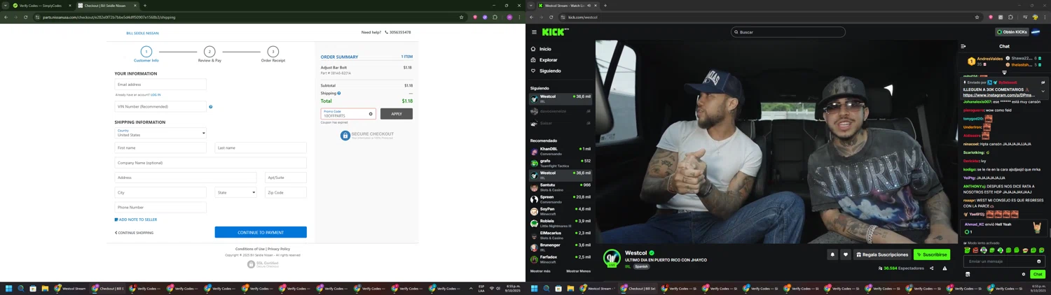 Nissan promo code screenshot showing code 10OFFPARTS applied at Nissan checkout page. Uploaded by SimplyCodes community member PennyWizard1195 on Oct 9, 2025