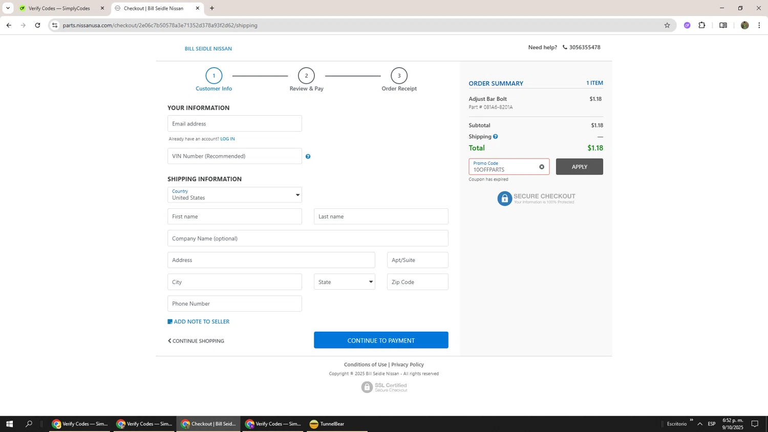 Nissan promo code screenshot showing code 10OFFPARTS applied at Nissan checkout page. Uploaded by SimplyCodes community member Phoenix585 on Oct 9, 2025