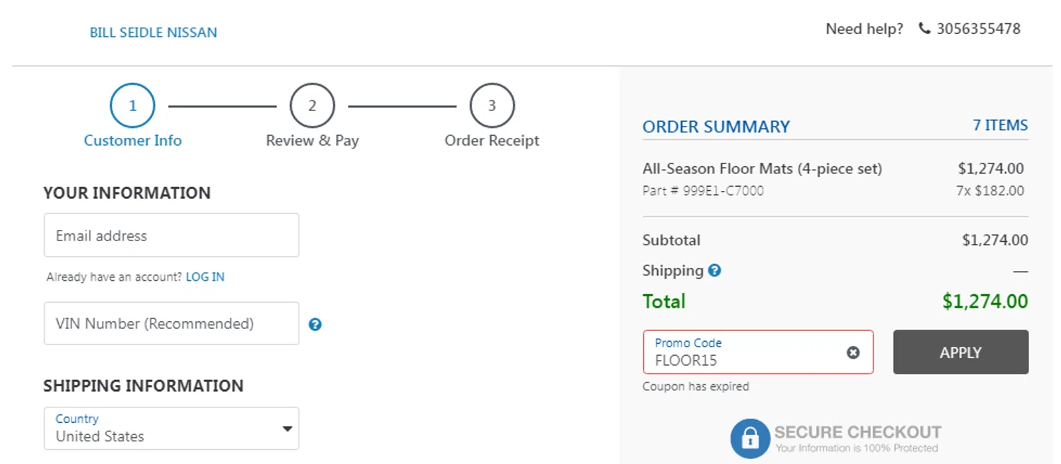 Nissan promo code screenshot showing code FLOOR15 applied at Nissan checkout page. Uploaded by SimplyCodes community member Veronicas on Nov 2, 2025