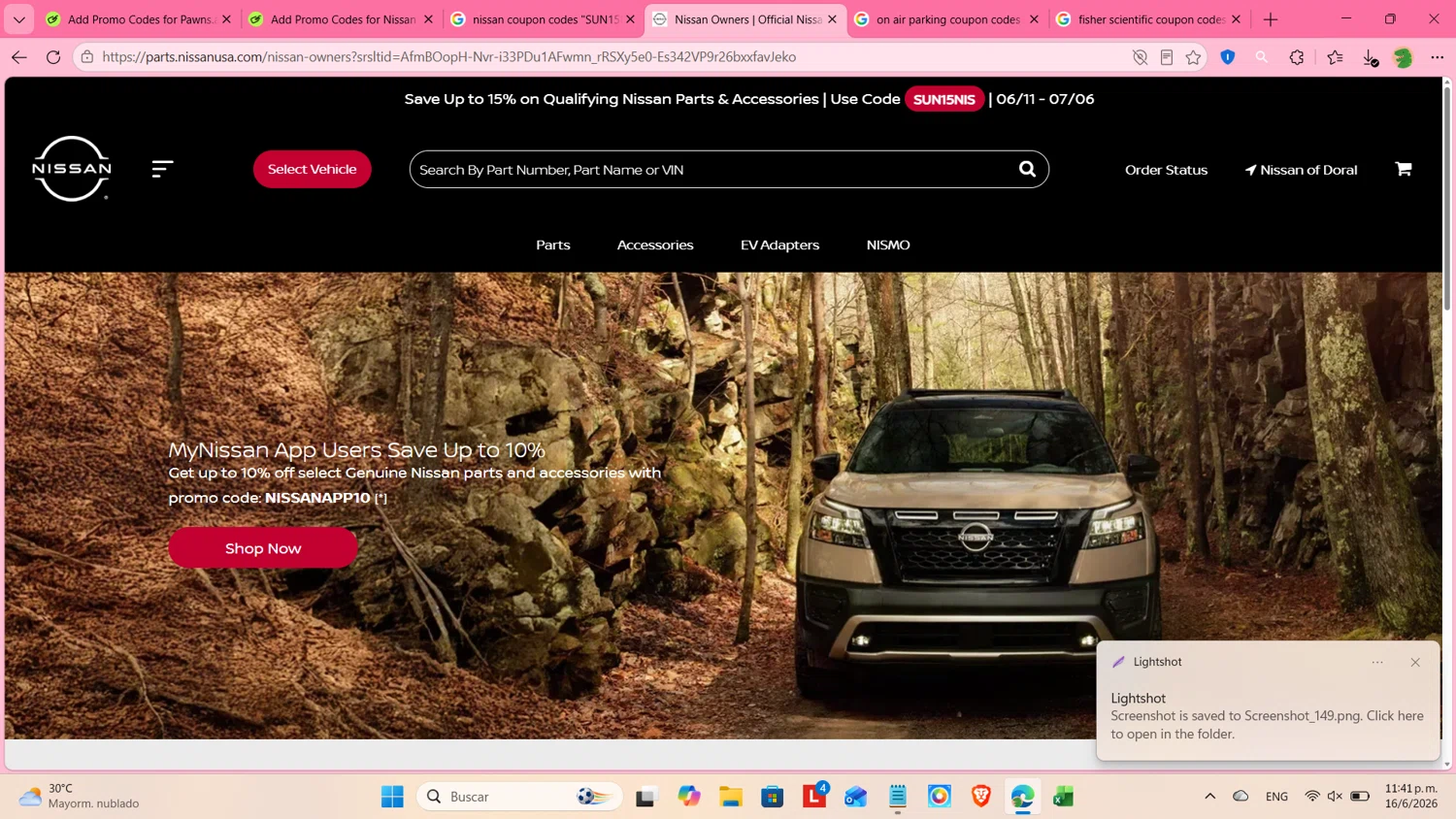 Nissan promo code screenshot showing code SUN15NIS applied at Nissan checkout page. Uploaded by SimplyCodes community member cosita on Jun 17, 2026