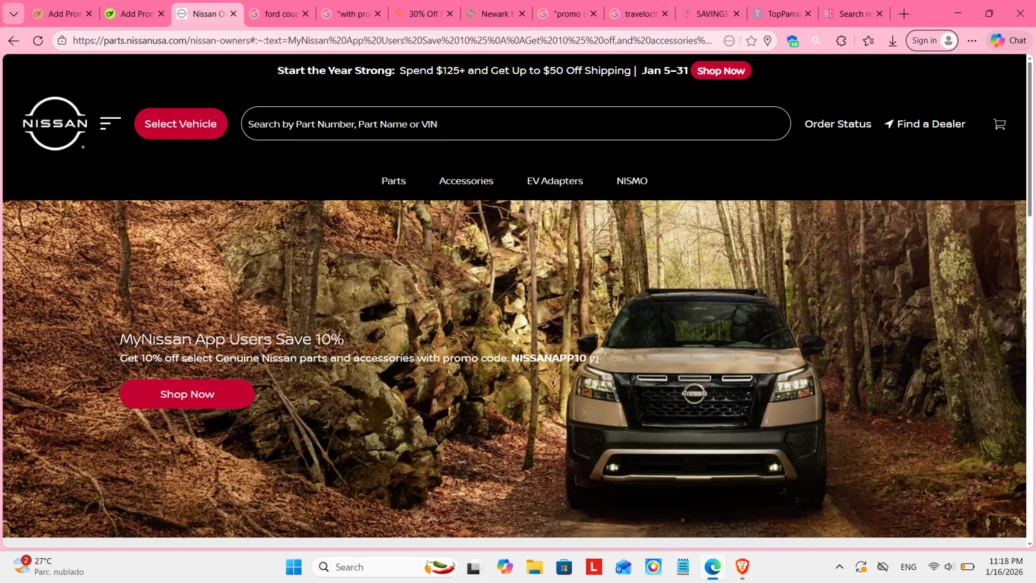 Nissan promo code screenshot showing code NISSANAPP10 applied at Nissan checkout page. Uploaded by SimplyCodes community member cosita on Jan 17, 2026