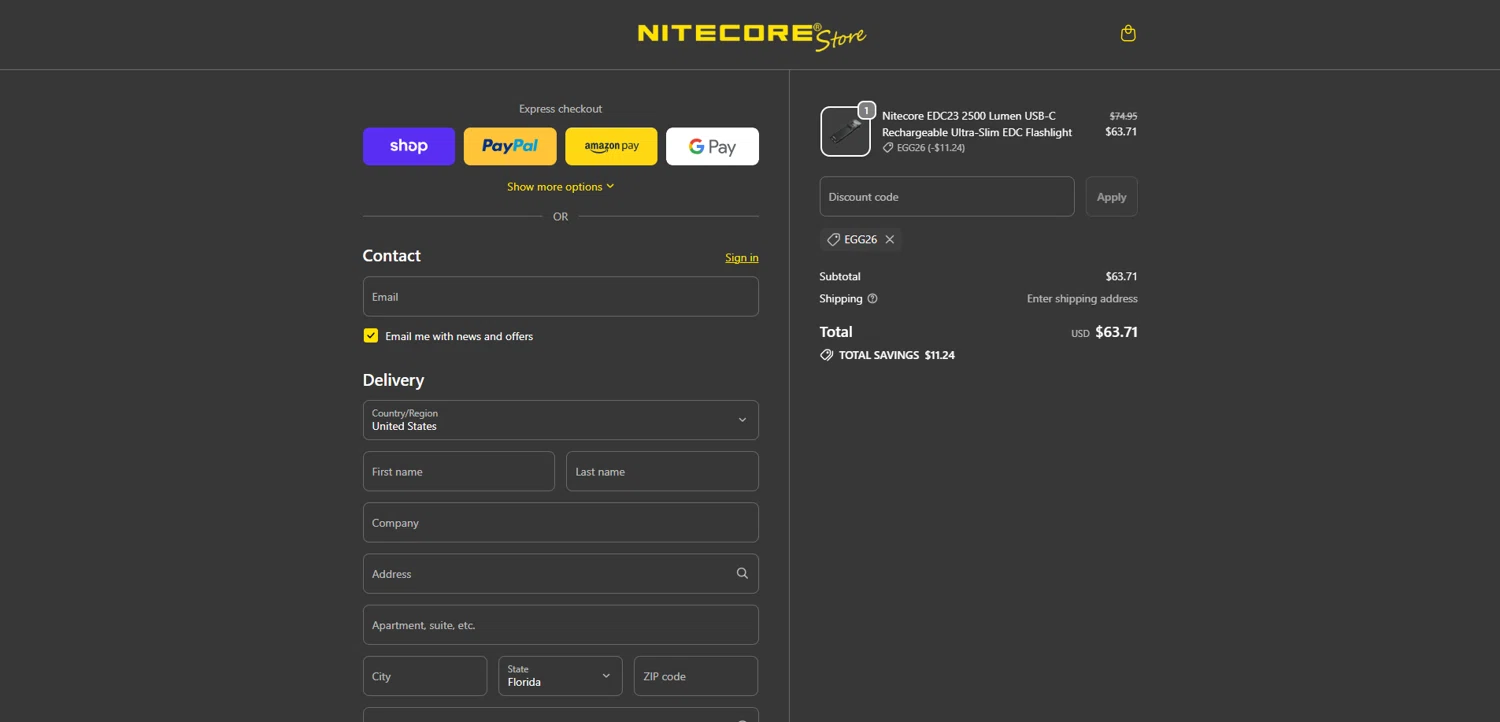 Nitecore Store promo code screenshot showing code EGG26 applied at Nitecore Store checkout page. Uploaded by SimplyCodes community member yesenia on Apr 3, 2026