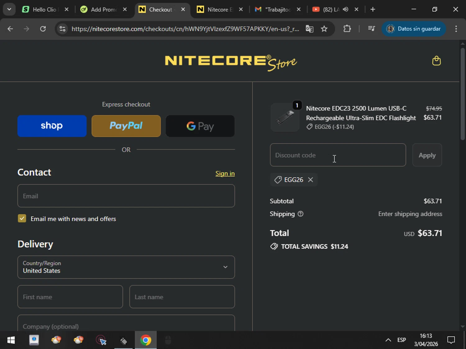 Nitecore Store promo code screenshot showing code EGG26 applied at Nitecore Store checkout page. Uploaded by SimplyCodes community member MarcosAranguren on Apr 3, 2026