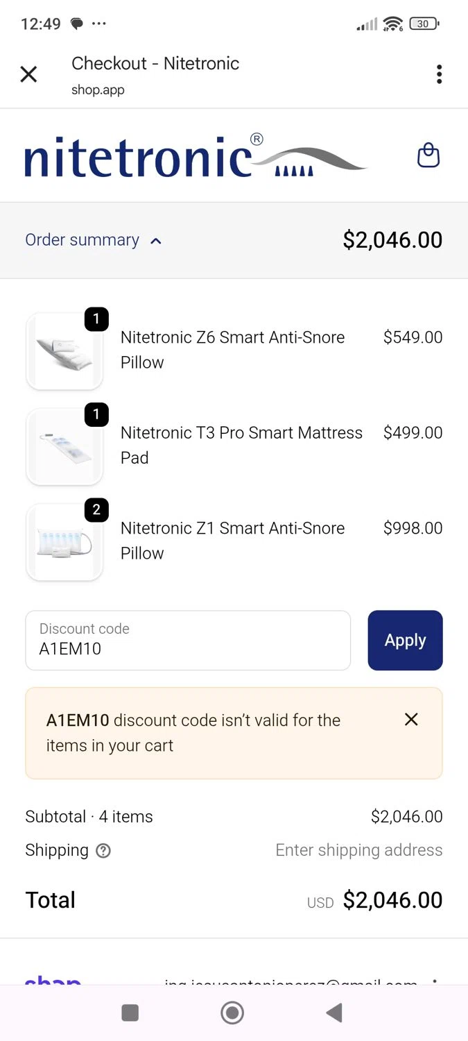 Nitetronic promo code screenshot showing code A1EM10 applied at Nitetronic checkout page. Uploaded by SimplyCodes community member ShieldWhiz4659 on Dec 13, 2025