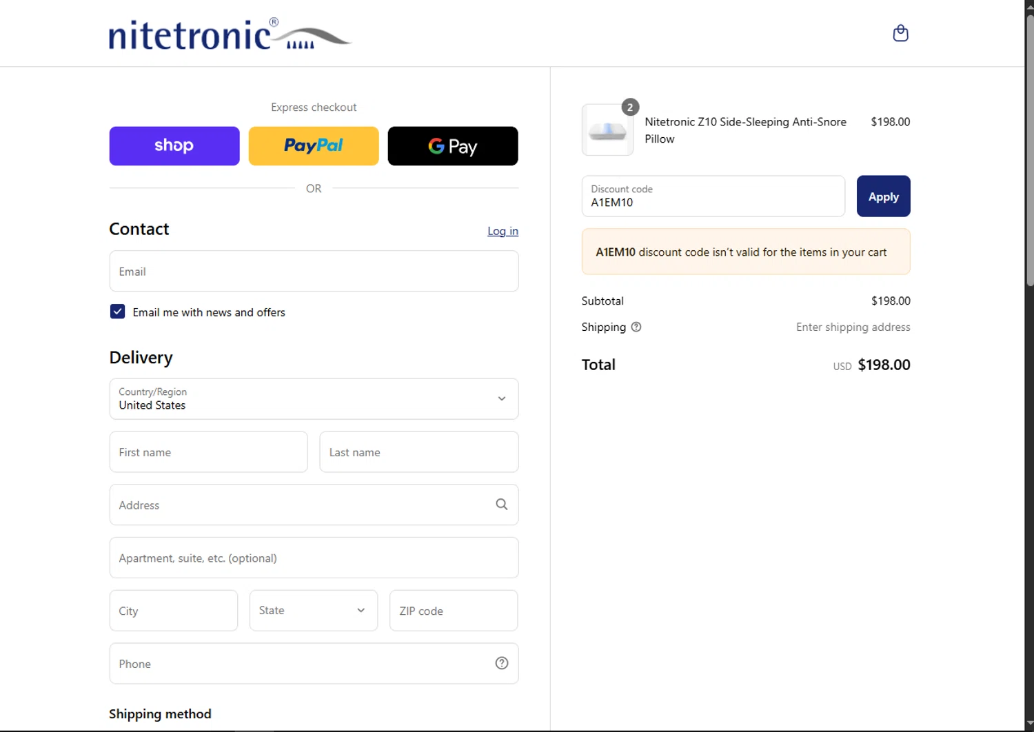Nitetronic promo code screenshot showing code A1EM10 applied at Nitetronic checkout page. Uploaded by SimplyCodes community member VoucherFinder3467 on Aug 29, 2025