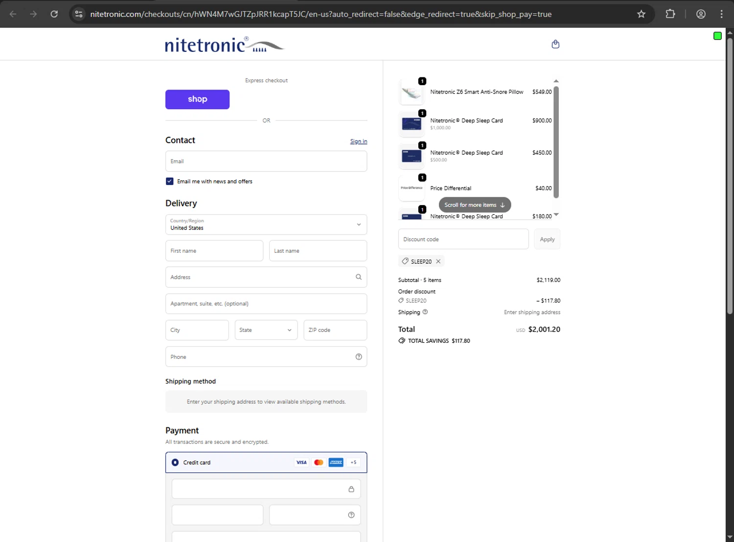 Nitetronic promo code screenshot showing code SLEEP20 applied at Nitetronic checkout page. Uploaded by SimplyCodes community member artritis on Oct 21, 2025