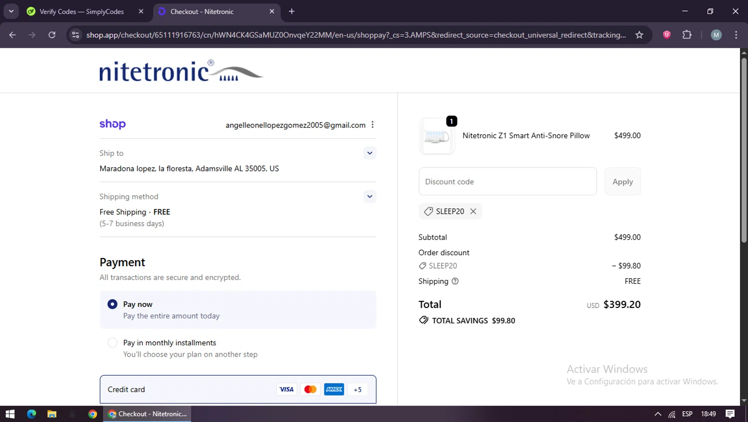 Nitetronic promo code screenshot showing code SLEEP20 applied at Nitetronic checkout page. Uploaded by SimplyCodes community member maraxo on Oct 16, 2025