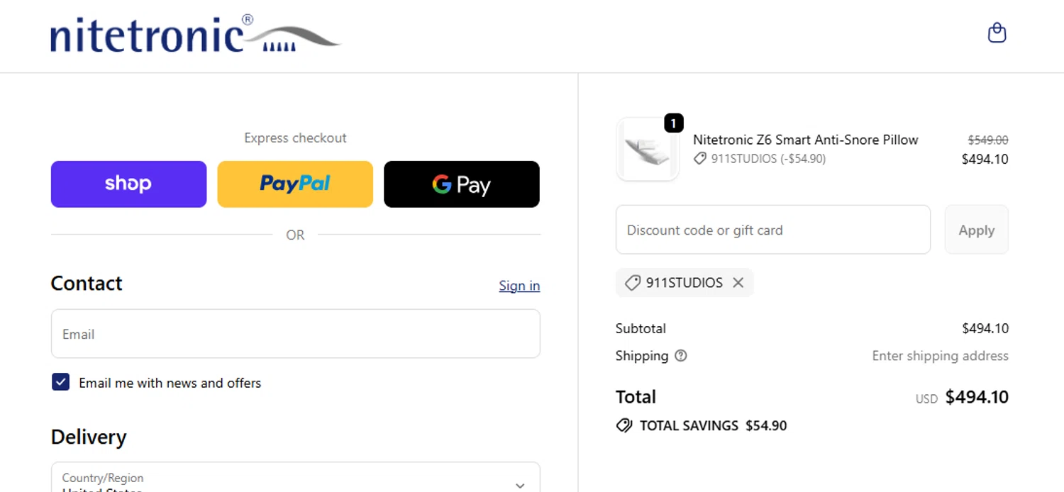 Nitetronic checkout page showing Nitetronic promo code box | Screenshot taken by SimplyCodes community member on Jan 11, 2026