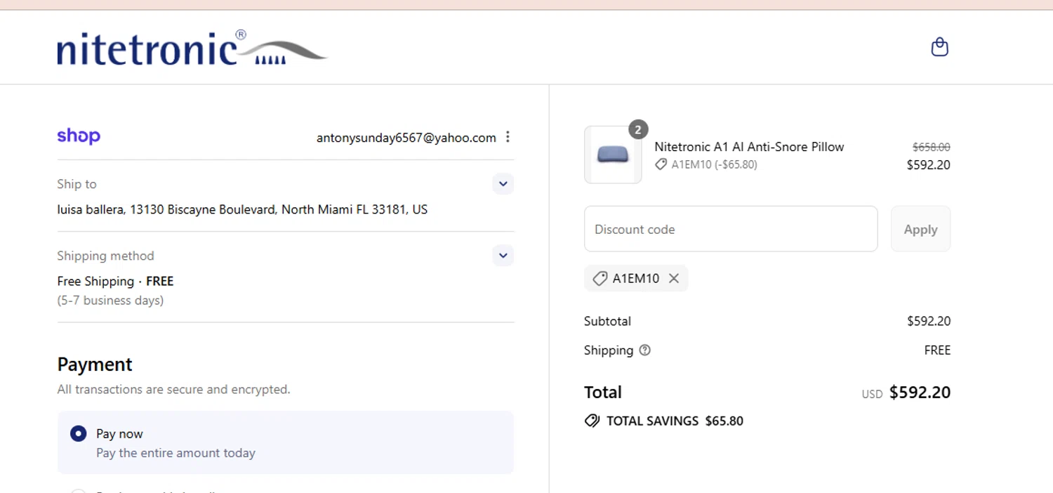 Nitetronic promo code screenshot showing code A1EM10 applied at Nitetronic checkout page. Uploaded by SimplyCodes community member FrugalVirtuoso6318 on Aug 29, 2025