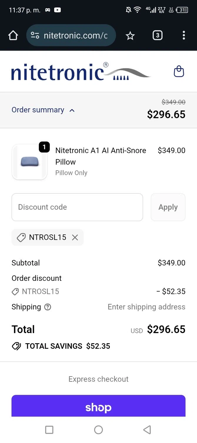 Nitetronic promo code screenshot showing code NTROSL15 applied at Nitetronic checkout page. Uploaded by SimplyCodes community member Junniorduno on Nov 14, 2025