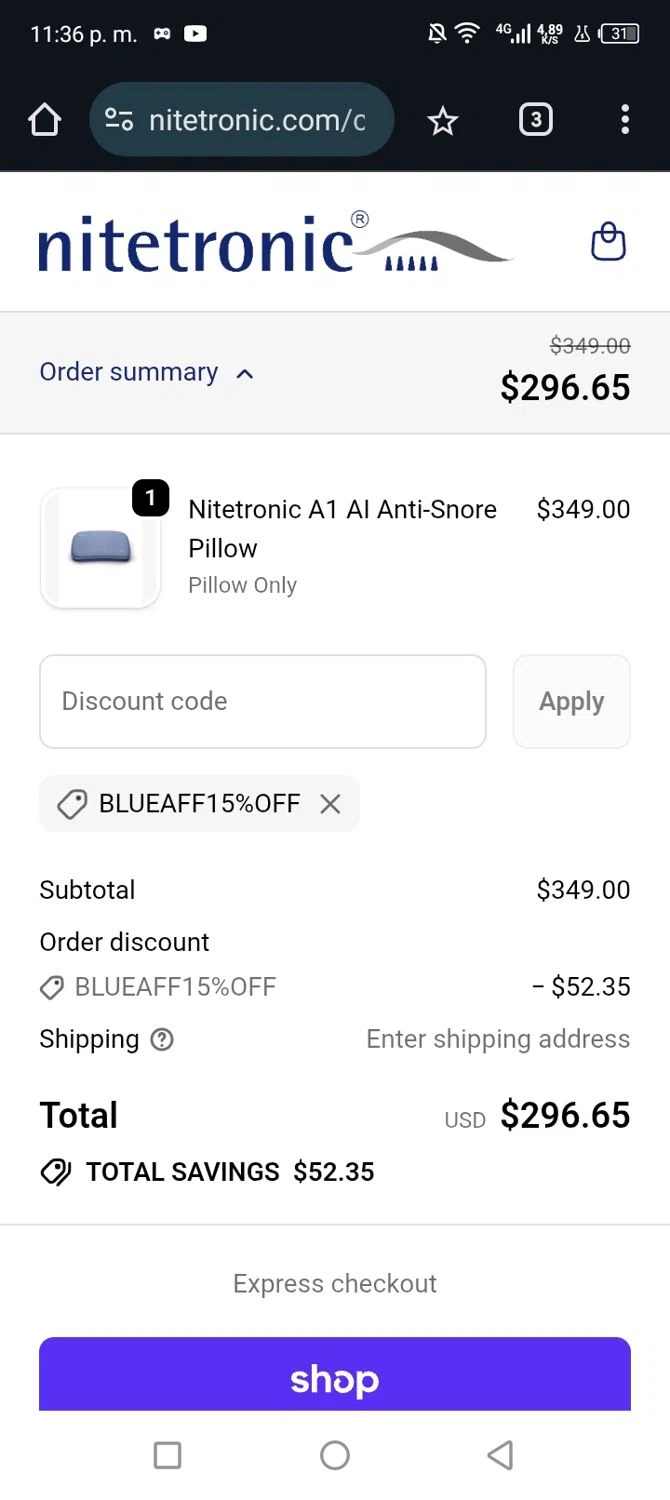 Nitetronic promo code screenshot showing code BLUEAFF15%OFF applied at Nitetronic checkout page. Uploaded by SimplyCodes community member Junniorduno on Nov 14, 2025