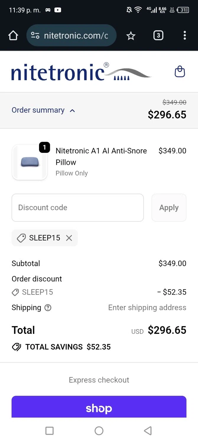 Nitetronic promo code screenshot showing code Sleep15 applied at Nitetronic checkout page. Uploaded by SimplyCodes community member Junniorduno on Nov 14, 2025