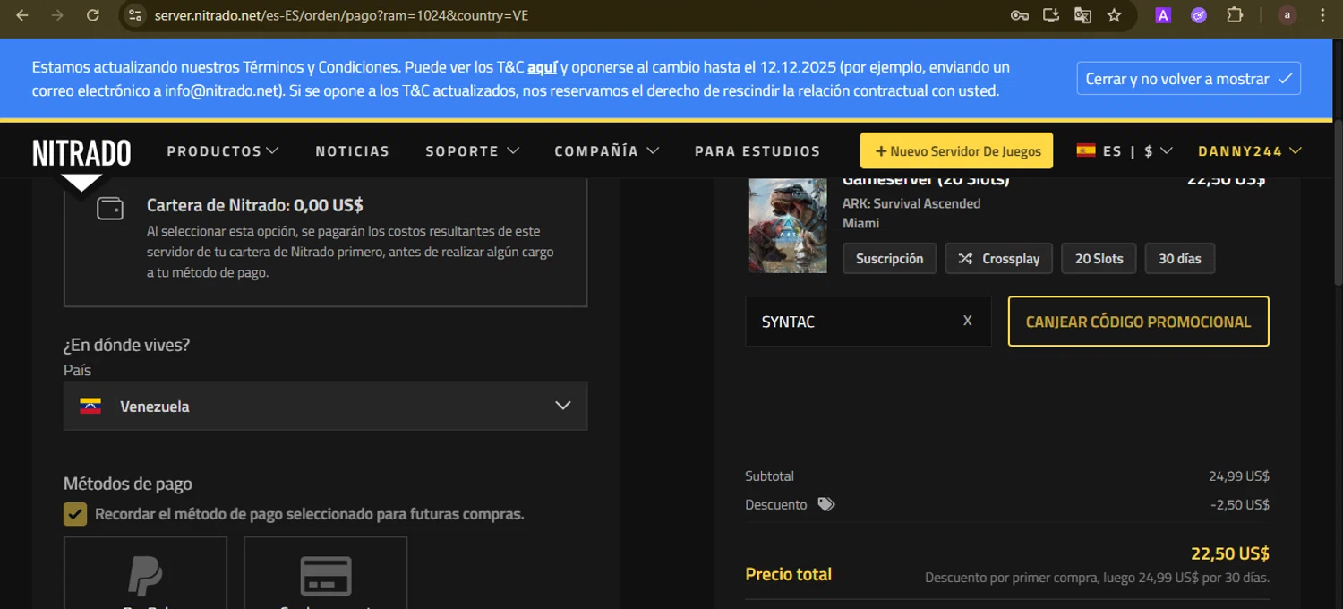 Nitrado promo code screenshot showing code SYNTAC applied at Nitrado checkout page. Uploaded by SimplyCodes community member GoldCurator1773 on Nov 4, 2025