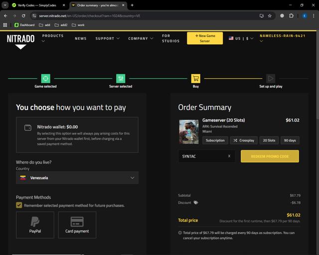 Nitrado checkout page showing Nitrado promo code box | Screenshot taken by SimplyCodes community member on Oct 7, 2025