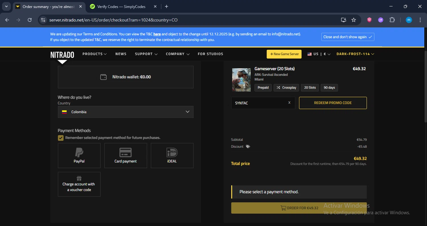 Nitrado promo code screenshot showing code SYNTAC applied at Nitrado checkout page. Uploaded by SimplyCodes community member LuckyWarden9122 on Nov 30, 2025