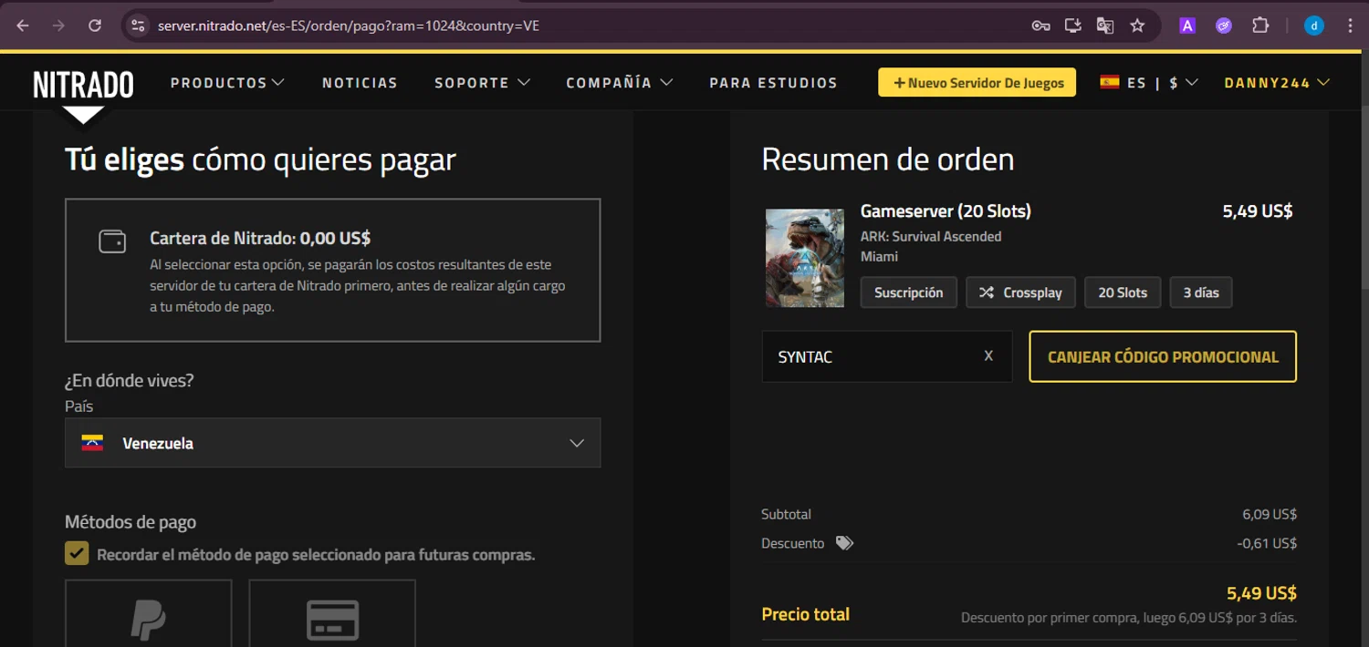 Nitrado promo code screenshot showing code SYNTAC applied at Nitrado checkout page. Uploaded by SimplyCodes community member ShieldKnight4744 on Oct 18, 2025