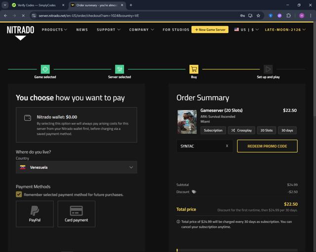 Nitrado checkout page showing Nitrado promo code box | Screenshot taken by SimplyCodes community member on Oct 3, 2025