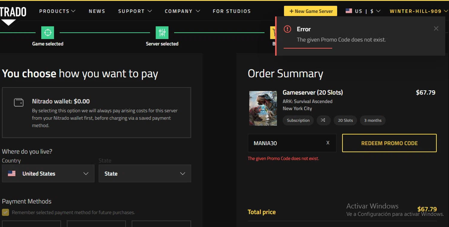 Nitrado promo code screenshot showing code MANIA30 applied at Nitrado checkout page. Uploaded by SimplyCodes community member SavvyLegend1586 on Mar 20, 2025