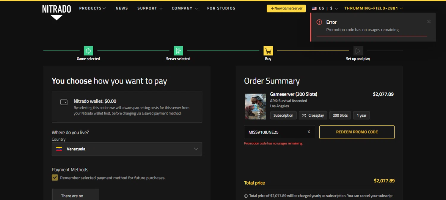 Nitrado promo code screenshot showing code MISSV10JUNE25 applied at Nitrado checkout page. Uploaded by SimplyCodes community member Myrulesmagazine23 on Jun 25, 2025