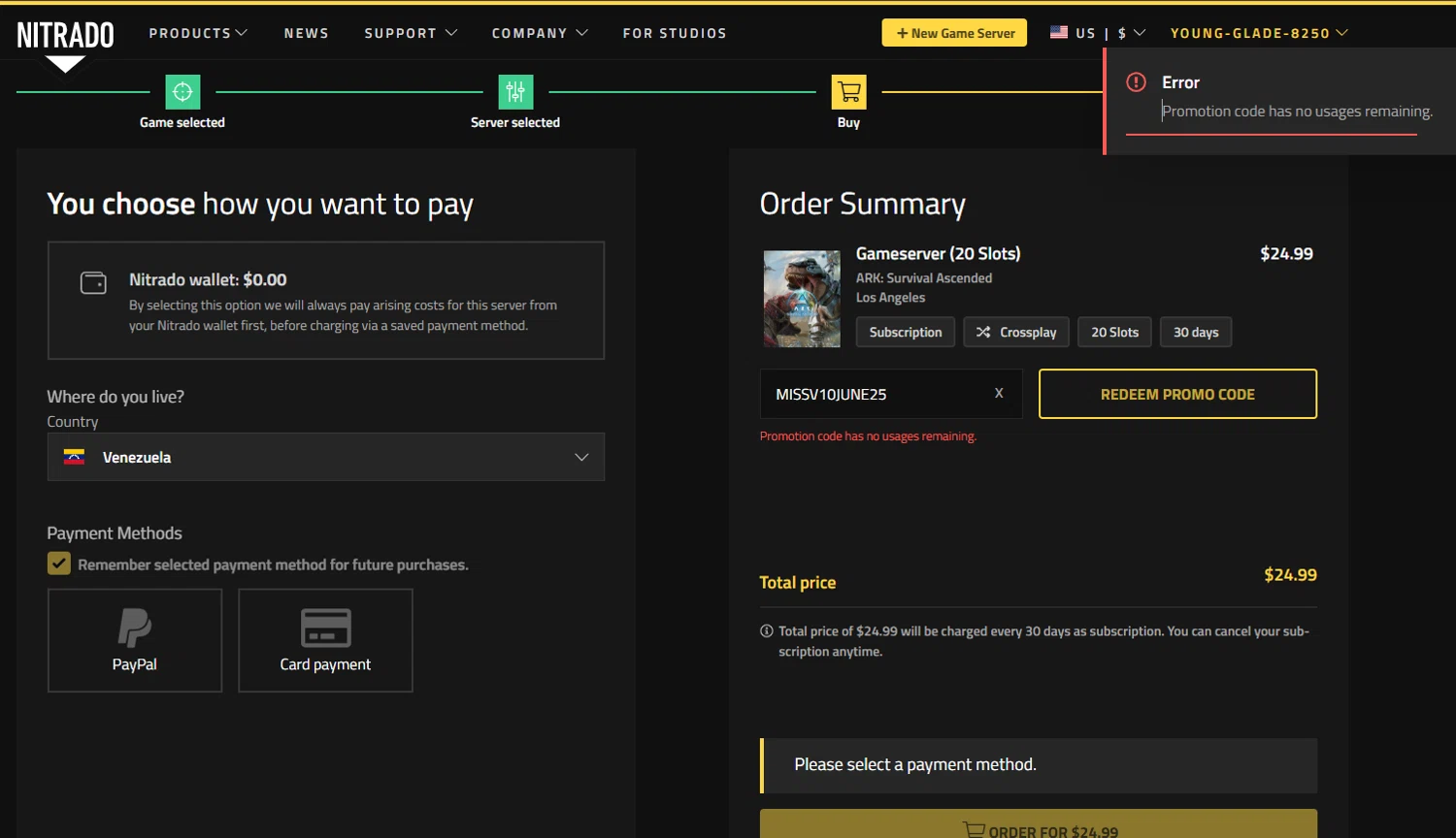 Nitrado promo code screenshot showing code MISSV10JUNE25 applied at Nitrado checkout page. Uploaded by SimplyCodes community member unmentionable on Jun 25, 2025